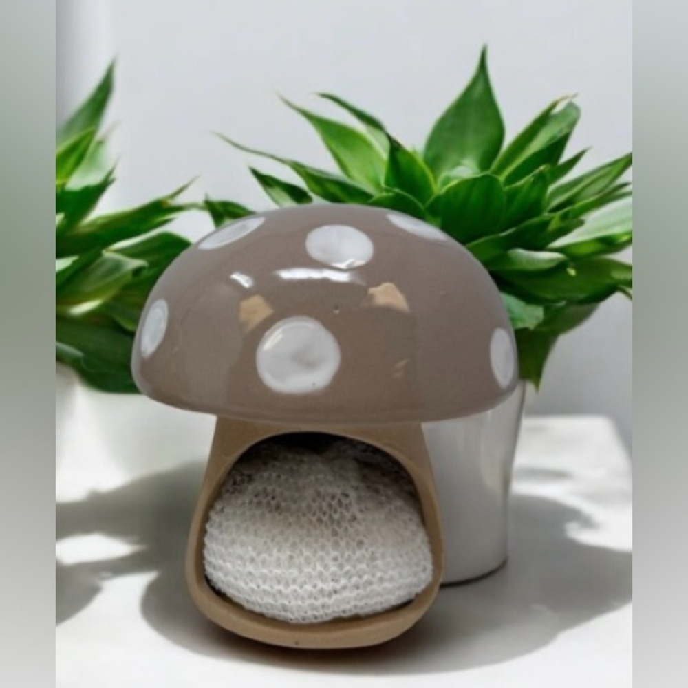 Ceramic Mushroom Sponge Holder - Brown and White